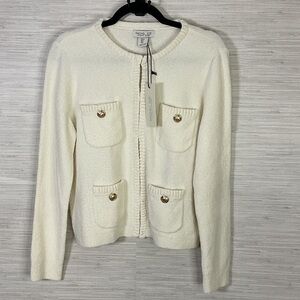 RACHEL ZOE Cream Gold Button Pocket Cardigan Small NWT Hook Closures